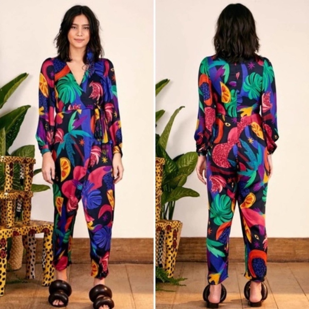 NWT Farm Rio Mystic Jungle Wrap Black Colorful Romper Jumpsuit One Piece Small